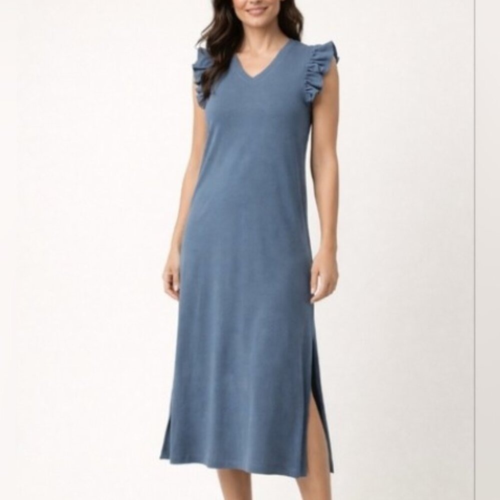 MATILDA JANE‎ XL Slate Blue Ribbed Flutter Sleeve Modal Blend Midi Maxi Dress